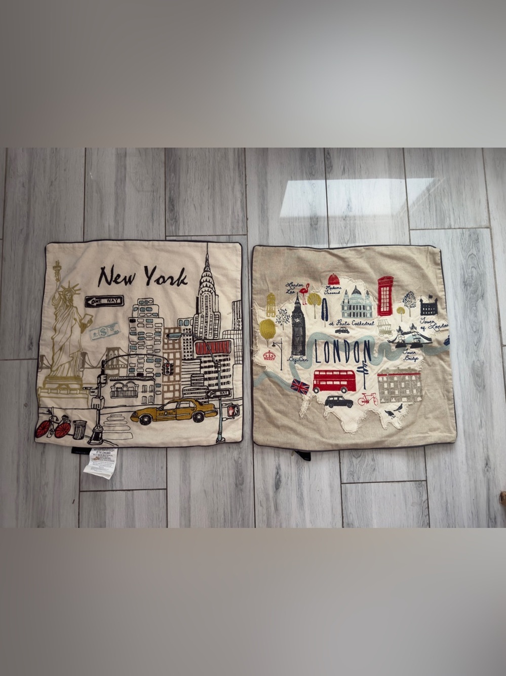 2 Cynthia Rowley London & NY City Escape Embroidered Pillow  Covers 19.5 by 19.5